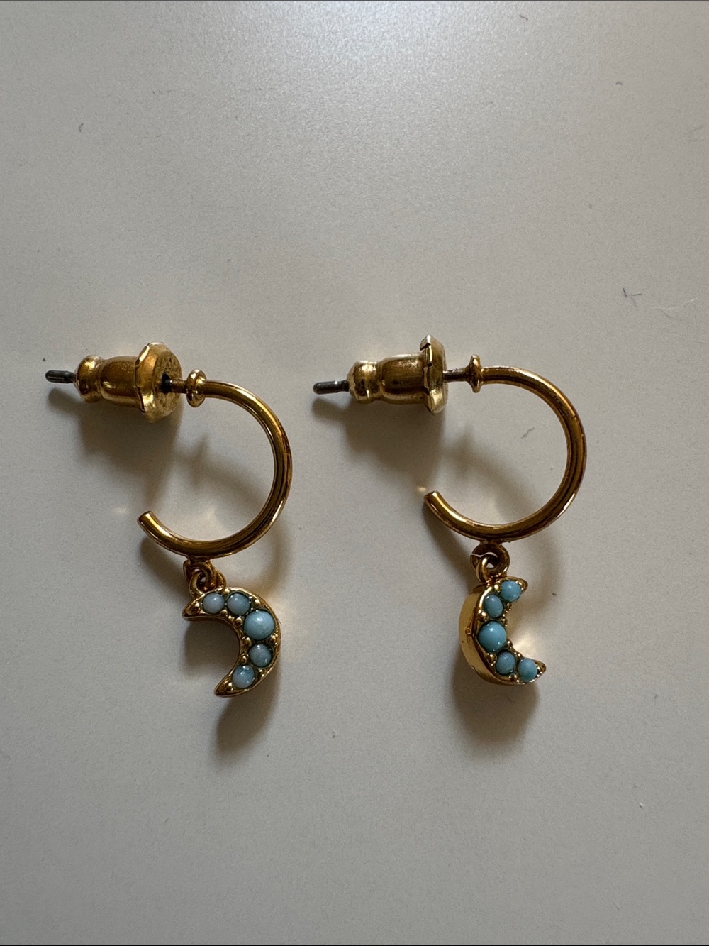 Gold Tone Hoop Earrings with Turquoise colored Crescent Charms